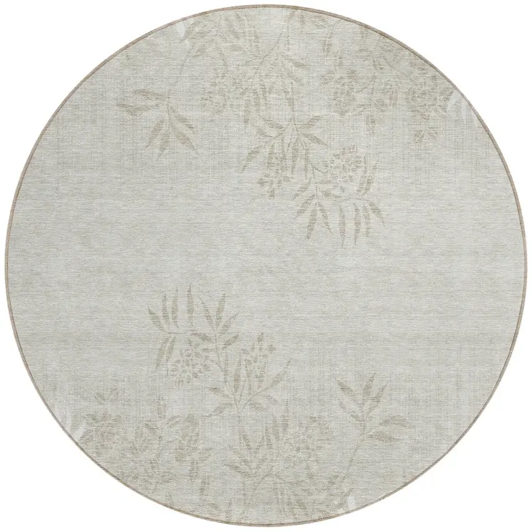 8' Beige Tan And Ivory Round Floral Washable Indoor Outdoor Area Rug