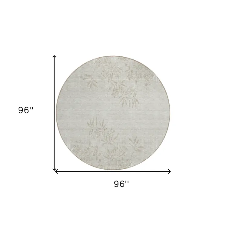 8' Beige Tan And Ivory Round Floral Washable Indoor Outdoor Area Rug