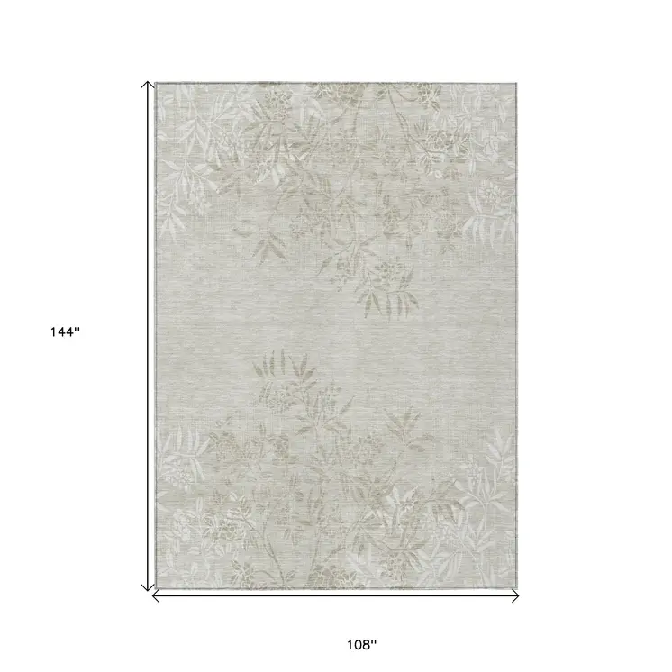 9' X 12' Beige Tan And Ivory Floral Washable Indoor Outdoor Area Rug