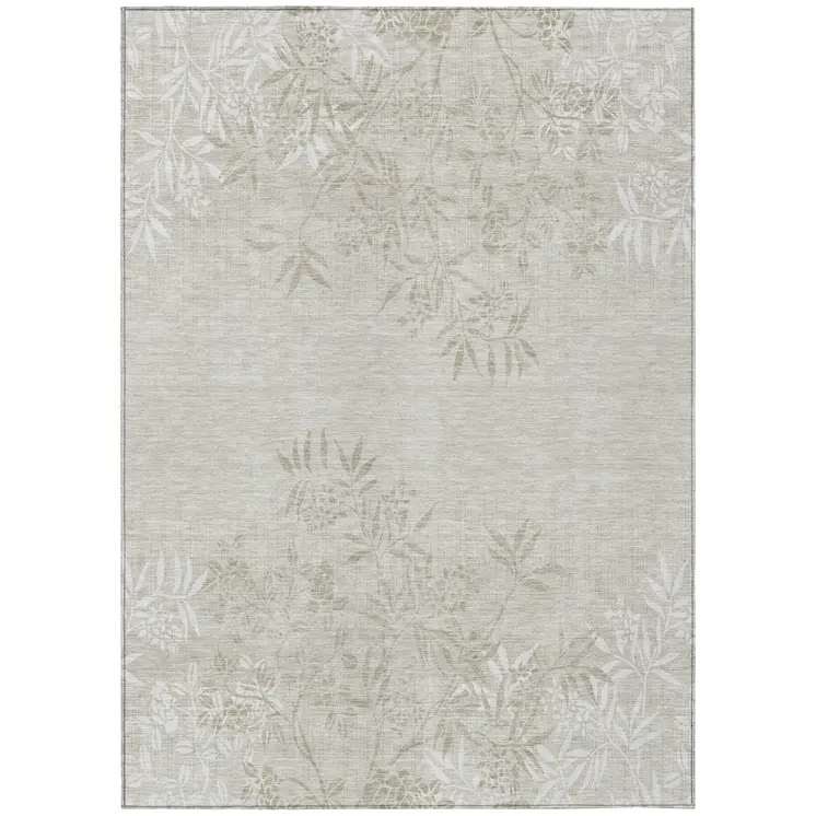 10' X 14' Beige Tan And Ivory Floral Washable Indoor Outdoor Area Rug