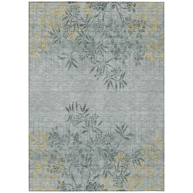 5' X 8' Gray Charcoal And Gold Floral Washable Indoor Outdoor Area Rug