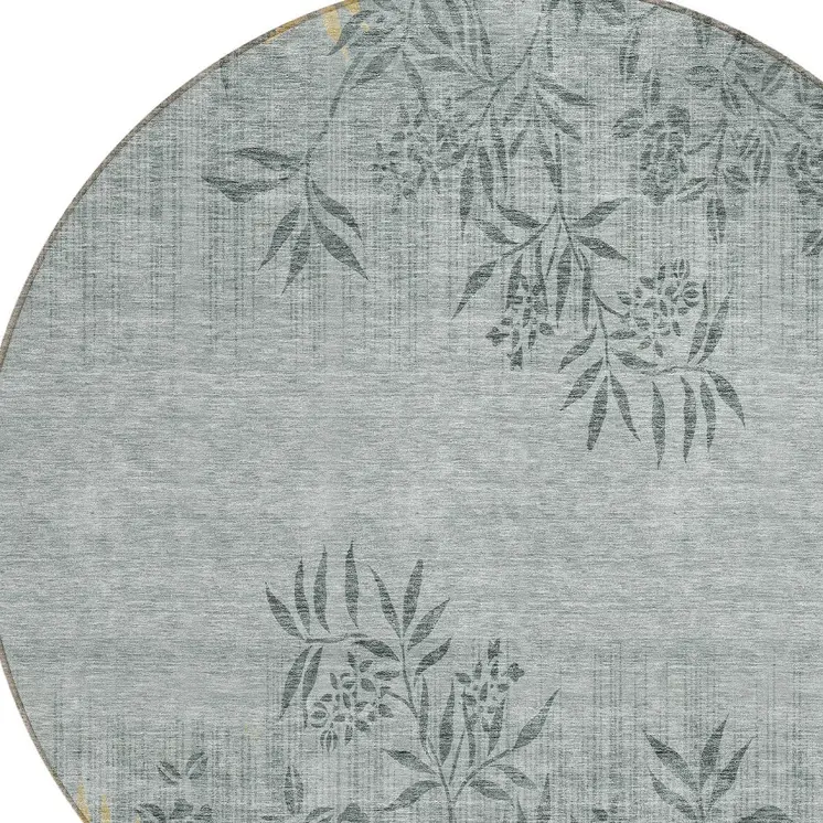 8' Gray Charcoal And Gold Round Floral Washable Indoor Outdoor Area Rug