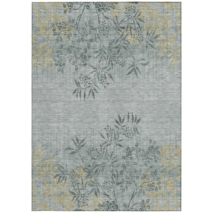 9' X 12' Gray Charcoal And Gold Floral Washable Indoor Outdoor Area Rug