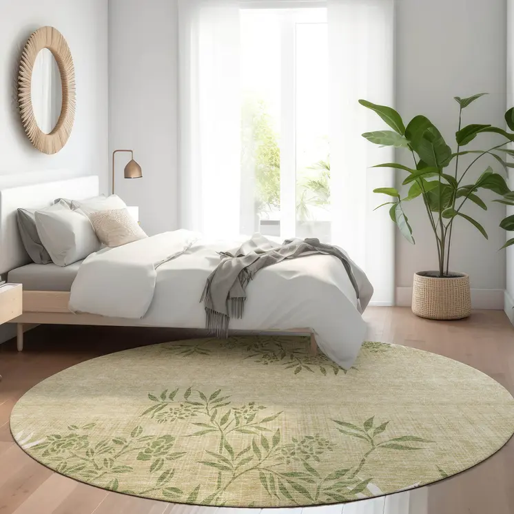 8' Khaki Ivory And Green Round Floral Washable Indoor Outdoor Area Rug