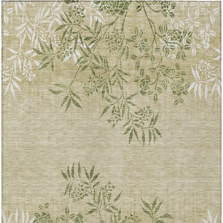 9' X 12' Khaki Ivory And Green Floral Washable Indoor Outdoor Area Rug