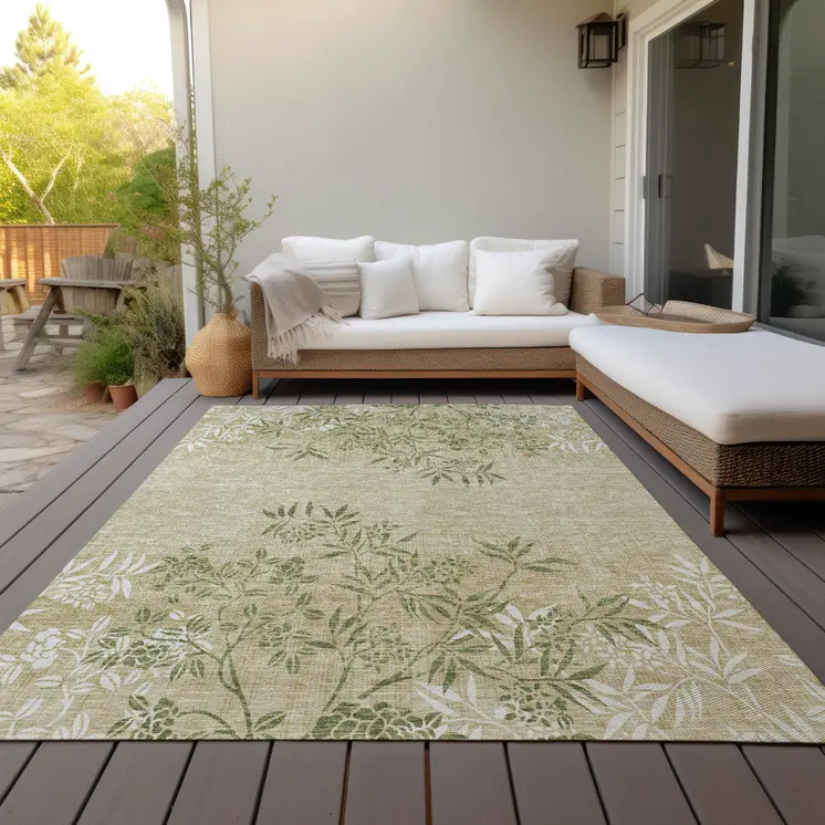 9' X 12' Khaki Ivory And Green Floral Washable Indoor Outdoor Area Rug