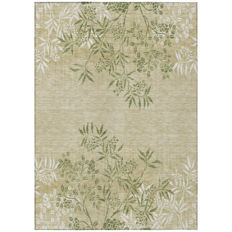 9' X 12' Khaki Ivory And Green Floral Washable Indoor Outdoor Area Rug