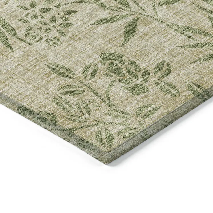 9' X 12' Khaki Ivory And Green Floral Washable Indoor Outdoor Area Rug