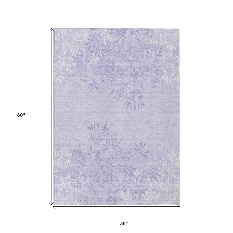 3' X 5' Lilac Purple And Ivory Floral Washable Indoor Outdoor Area Rug