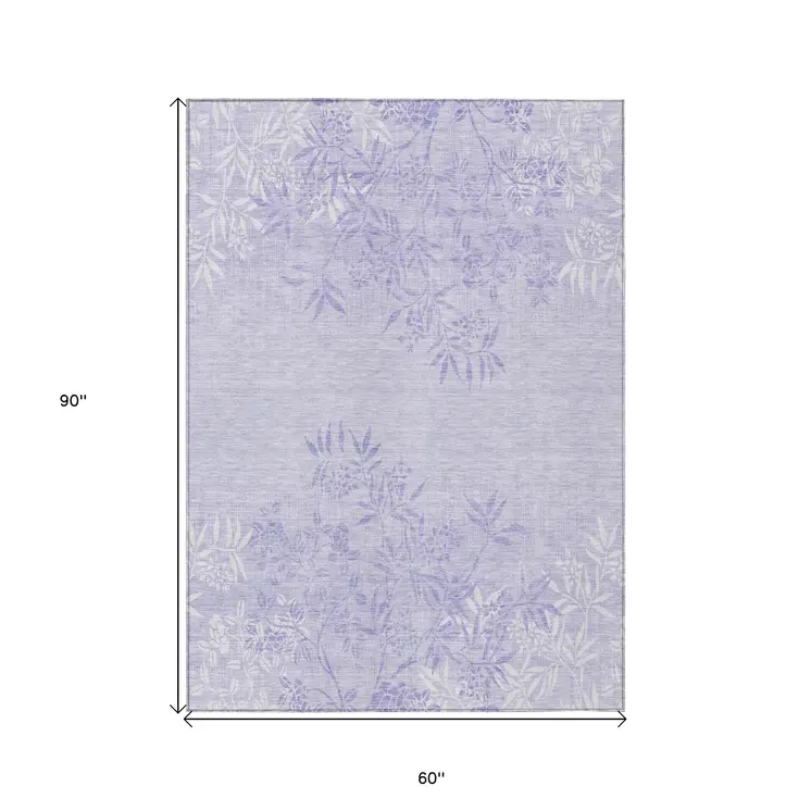 5' X 8' Lilac Purple And Ivory Floral Washable Indoor Outdoor Area Rug