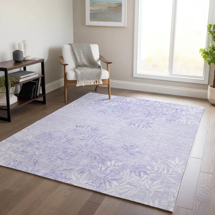 5' X 8' Lilac Purple And Ivory Floral Washable Indoor Outdoor Area Rug
