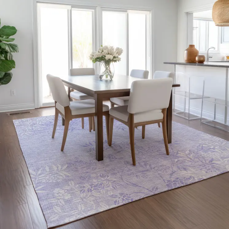5' X 8' Lilac Purple And Ivory Floral Washable Indoor Outdoor Area Rug