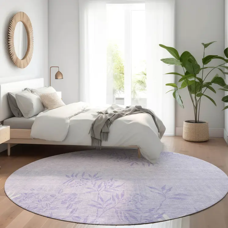 8' Lilac Purple And Ivory Round Floral Washable Indoor Outdoor Area Rug