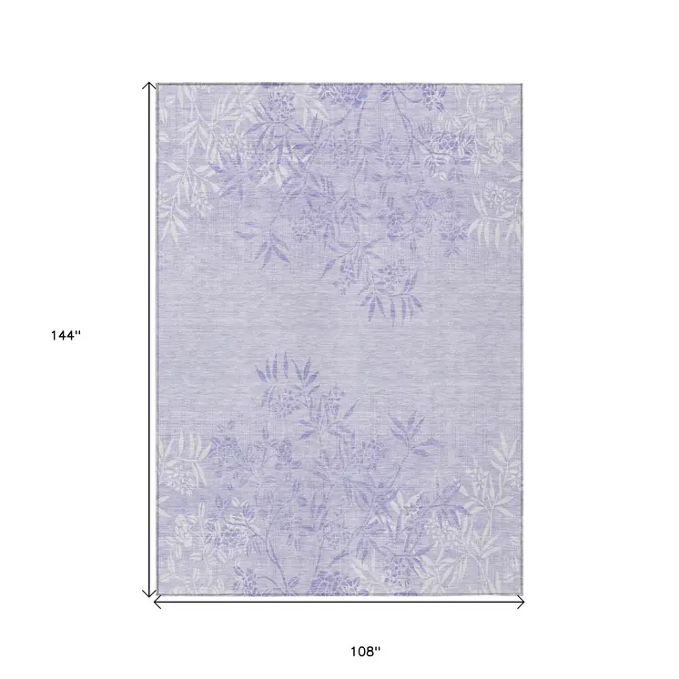 9' X 12' Lilac Purple And Ivory Floral Washable Indoor Outdoor Area Rug