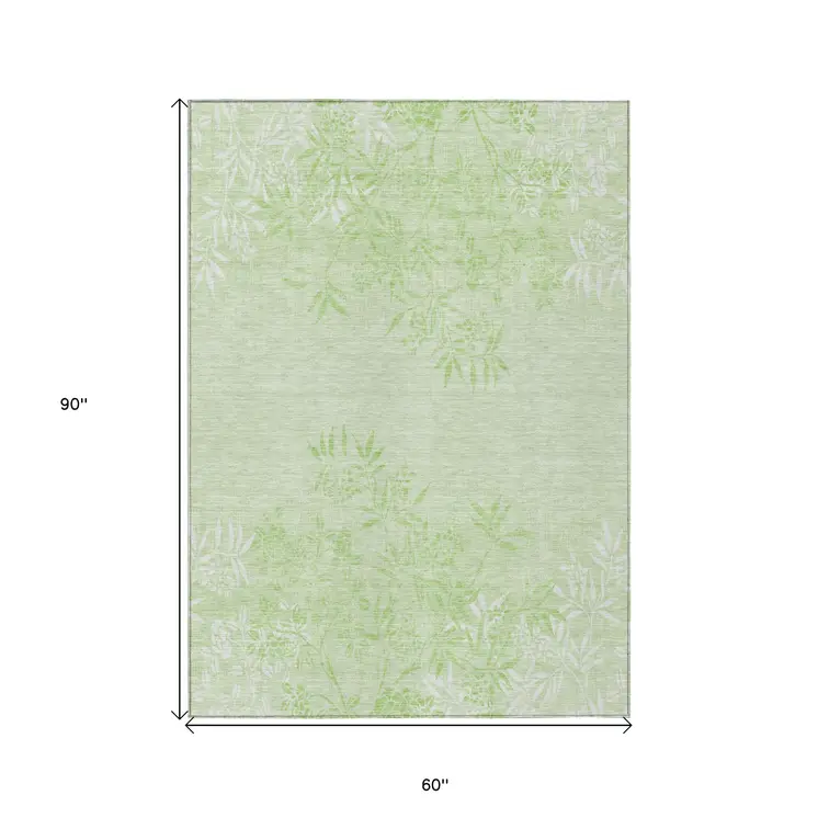 5' X 8' Mint Green Artichoke Green And Ivory Floral Washable Indoor Outdoor Area Rug