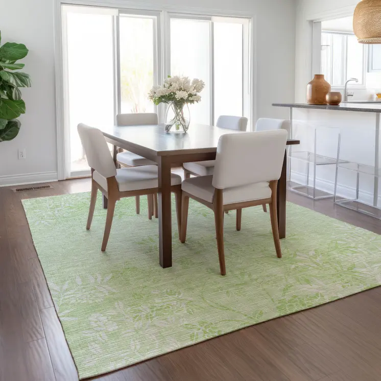 5' X 8' Mint Green Artichoke Green And Ivory Floral Washable Indoor Outdoor Area Rug