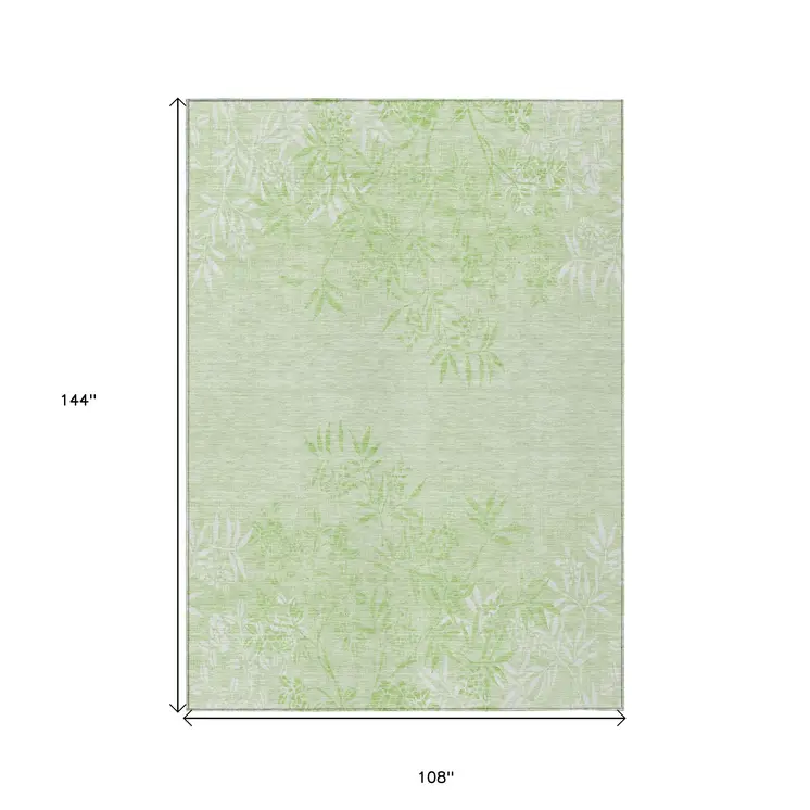 9' X 12' Mint Green Artichoke Green And Ivory Floral Washable Indoor Outdoor Area Rug