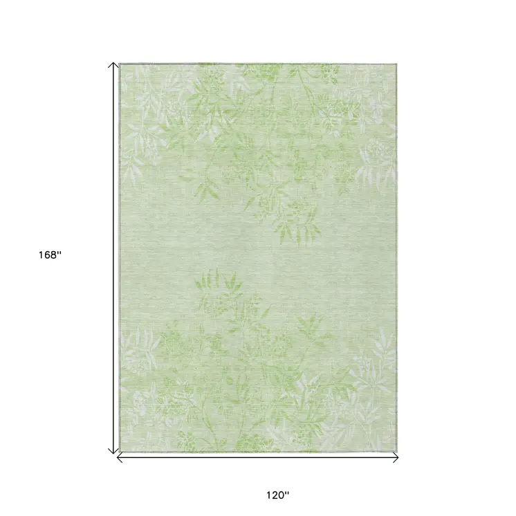 10' X 14' Mint Green Artichoke Green And Ivory Floral Washable Indoor Outdoor Area Rug