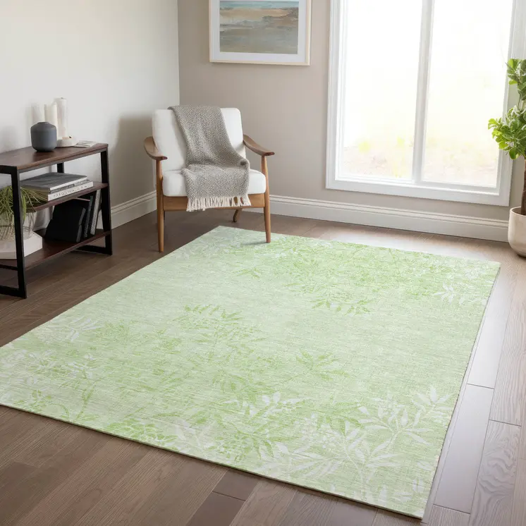 10' X 14' Mint Green Artichoke Green And Ivory Floral Washable Indoor Outdoor Area Rug