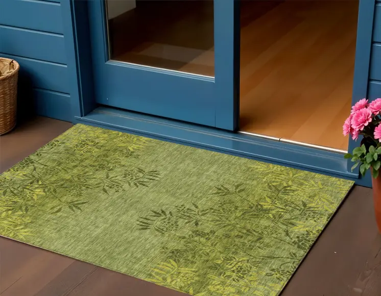 3' X 5' Olive Green And Fern Green Floral Washable Indoor Outdoor Area Rug