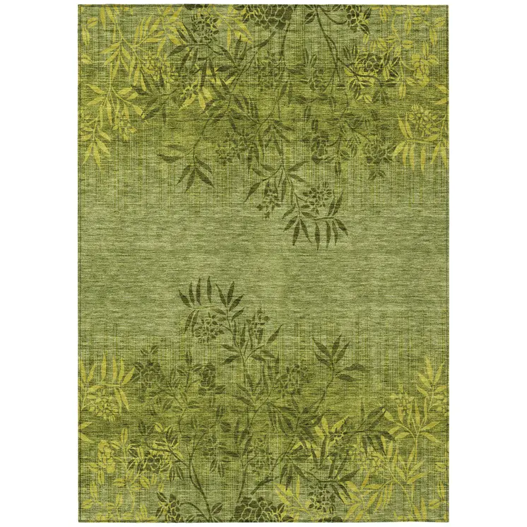 3' X 5' Olive Green And Fern Green Floral Washable Indoor Outdoor Area Rug