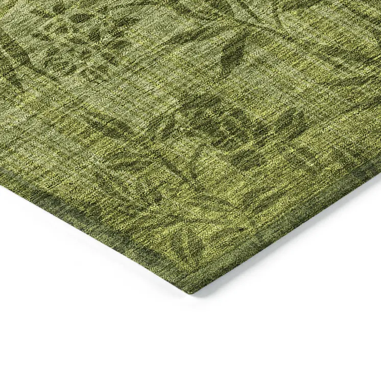3' X 5' Olive Green And Fern Green Floral Washable Indoor Outdoor Area Rug
