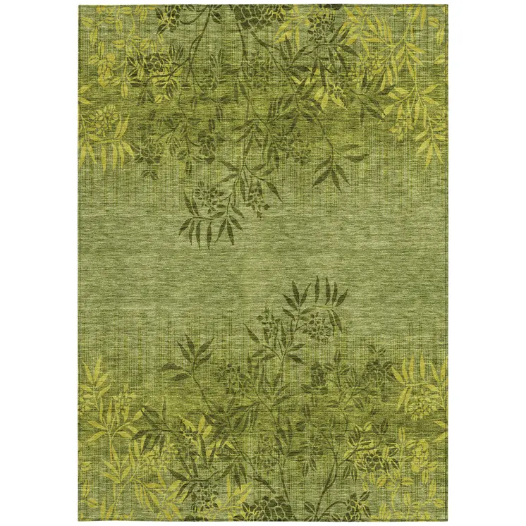 3' X 5' Olive Green And Fern Green Floral Washable Indoor Outdoor Area Rug