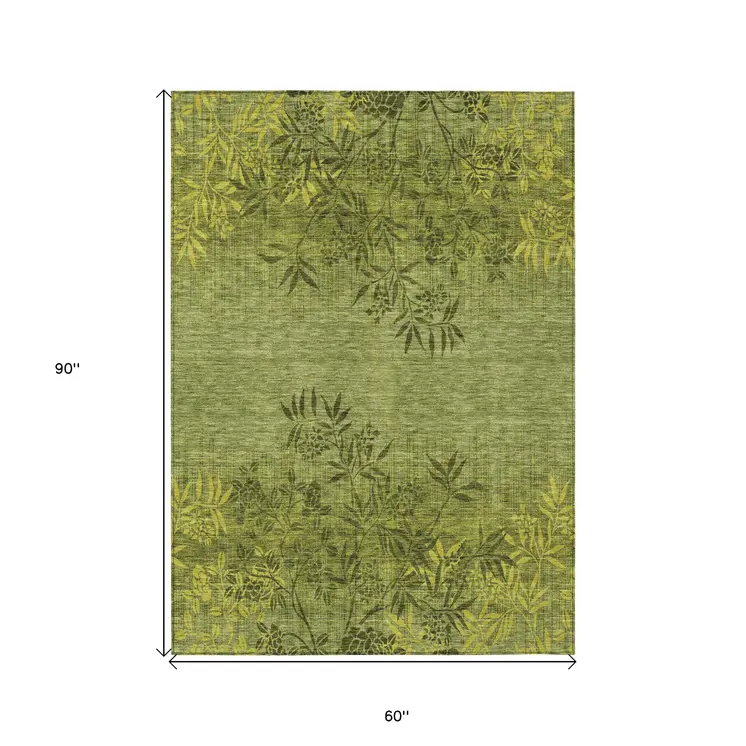 5' X 8' Olive Green And Fern Green Floral Washable Indoor Outdoor Area Rug