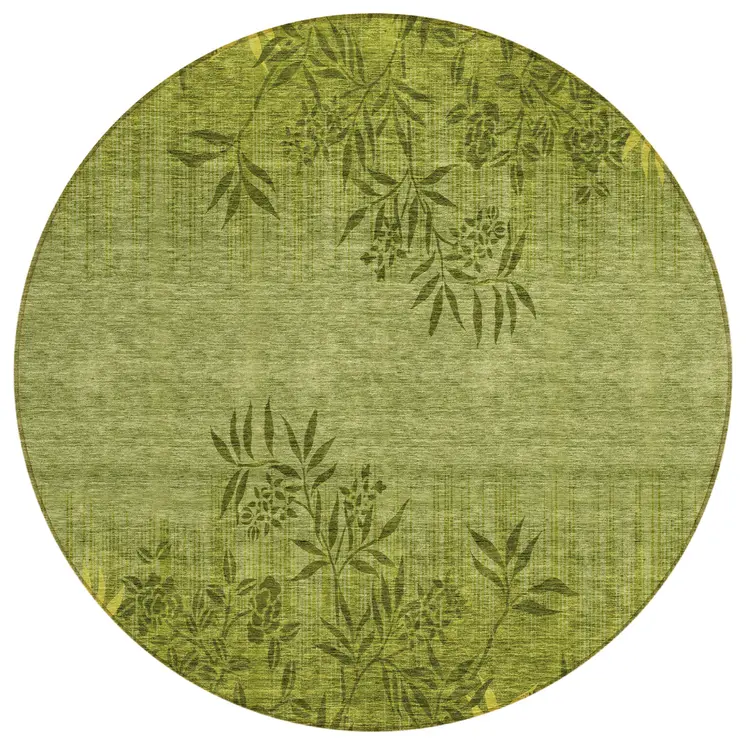 8' Olive Green And Fern Green Round Floral Washable Indoor Outdoor Area Rug