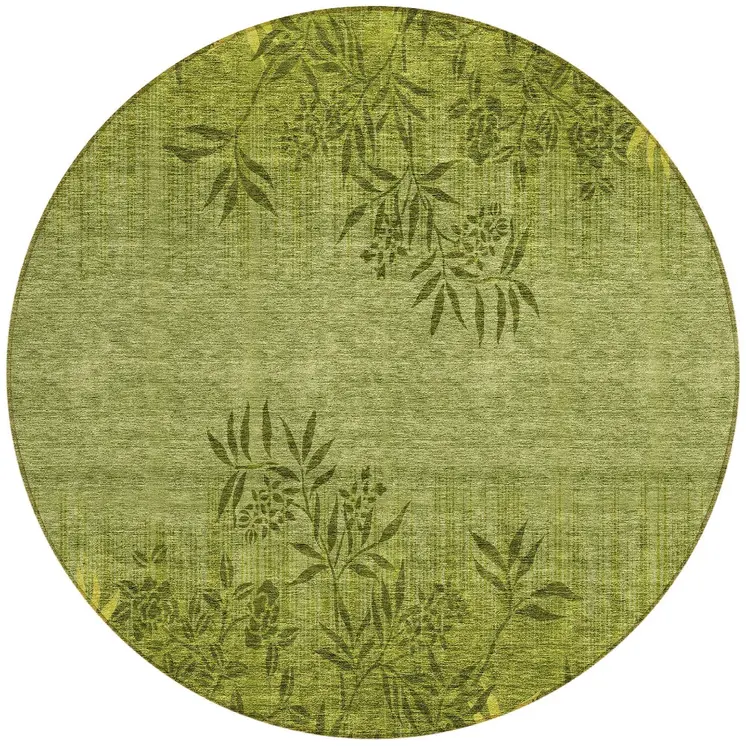 8' Olive Green And Fern Green Round Floral Washable Indoor Outdoor Area Rug