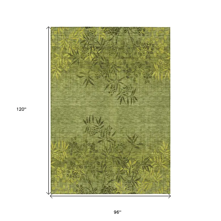 8' X 10' Olive Green And Fern Green Floral Washable Indoor Outdoor Area Rug