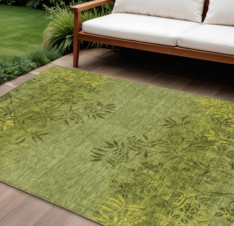 8' X 10' Olive Green And Fern Green Floral Washable Indoor Outdoor Area Rug