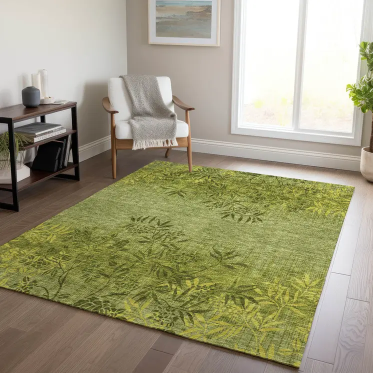 8' X 10' Olive Green And Fern Green Floral Washable Indoor Outdoor Area Rug