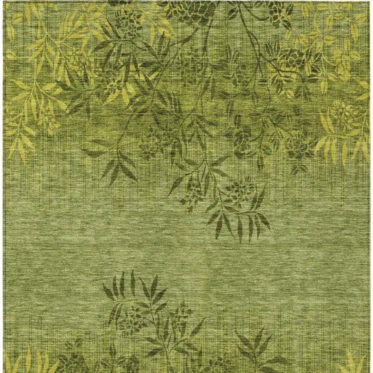 9' X 12' Olive Green And Fern Green Floral Washable Indoor Outdoor Area Rug