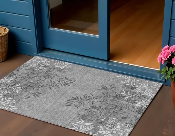 3' X 5' Gray Charcoal And Ivory Floral Washable Indoor Outdoor Area Rug