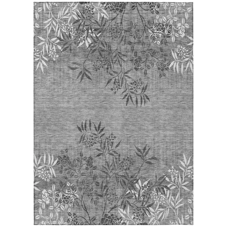 3' X 5' Gray Charcoal And Ivory Floral Washable Indoor Outdoor Area Rug