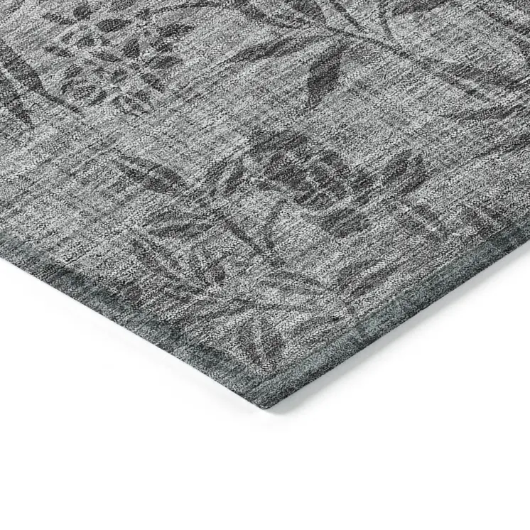 3' X 5' Gray Charcoal And Ivory Floral Washable Indoor Outdoor Area Rug