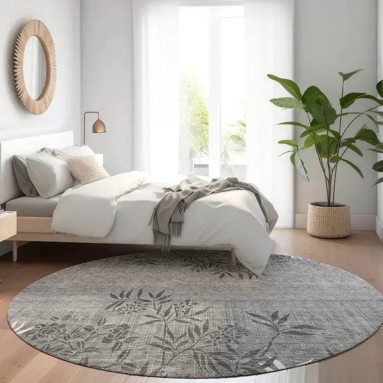 8' Gray Charcoal And Ivory Round Floral Washable Indoor Outdoor Area Rug