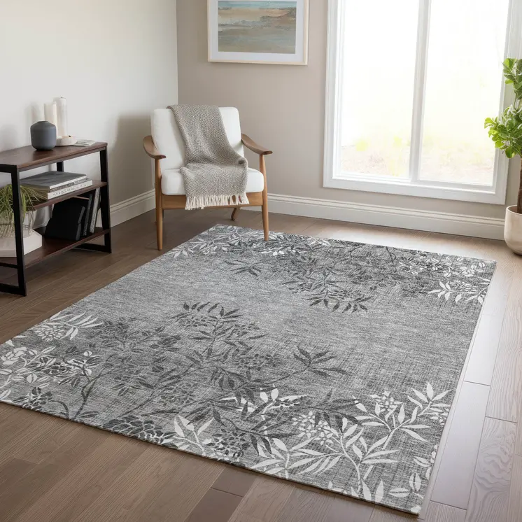 10' X 14' Gray Charcoal And Ivory Floral Washable Indoor Outdoor Area Rug