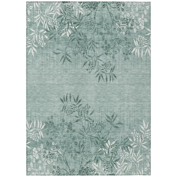 3' X 5' Sage Fern Green And Ivory Floral Washable Indoor Outdoor Area Rug