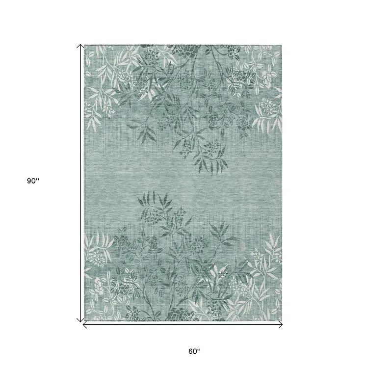 5' X 8' Sage Fern Green And Ivory Floral Washable Indoor Outdoor Area Rug