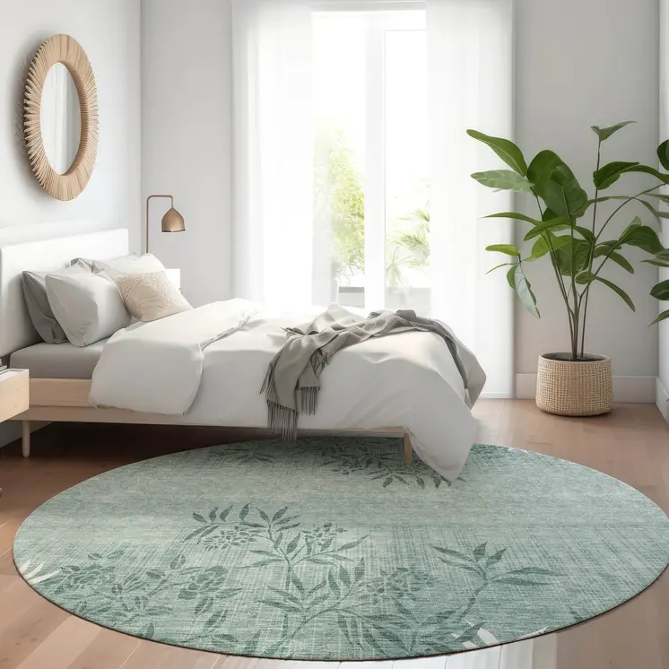 8' Sage Fern Green And Ivory Round Floral Washable Indoor Outdoor Area Rug