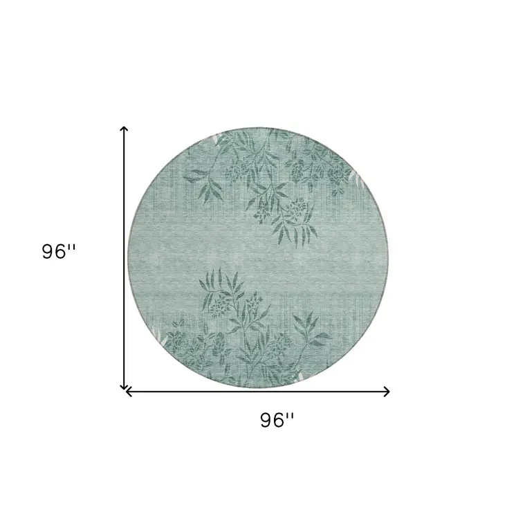 8' Sage Fern Green And Ivory Round Floral Washable Indoor Outdoor Area Rug