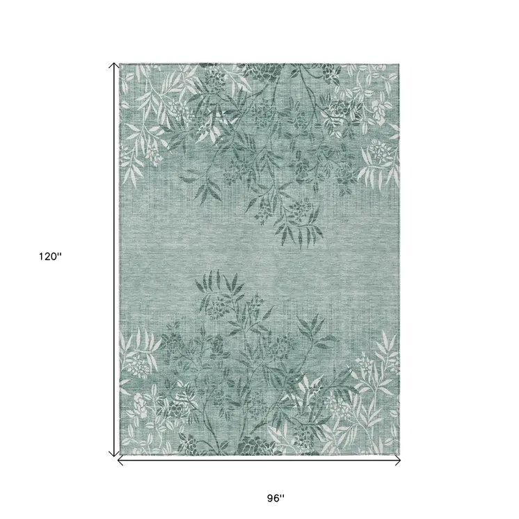 8' X 10' Sage Fern Green And Ivory Floral Washable Indoor Outdoor Area Rug