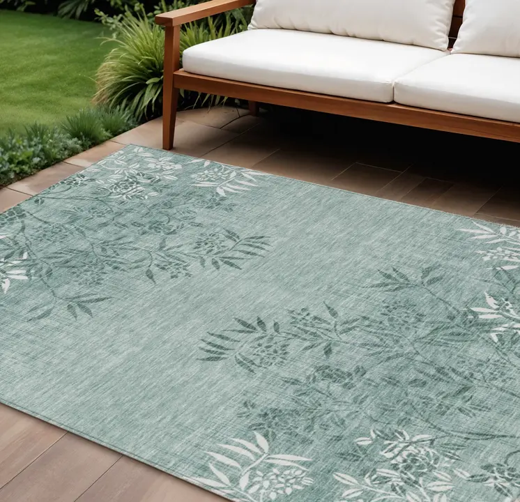 8' X 10' Sage Fern Green And Ivory Floral Washable Indoor Outdoor Area Rug