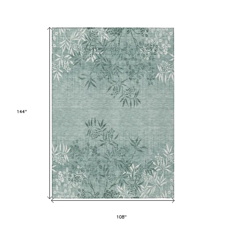 9' X 12' Sage Fern Green And Ivory Floral Washable Indoor Outdoor Area Rug