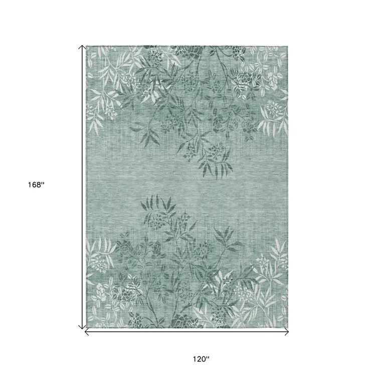 10' X 14' Sage Fern Green And Ivory Floral Washable Indoor Outdoor Area Rug