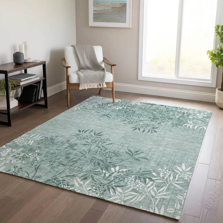 10' X 14' Sage Fern Green And Ivory Floral Washable Indoor Outdoor Area Rug