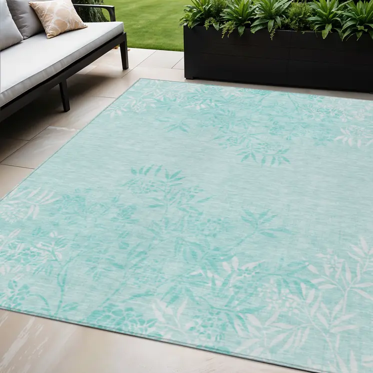 5' X 8' Teal Blue Aqua And Ivory Floral Washable Indoor Outdoor Area Rug