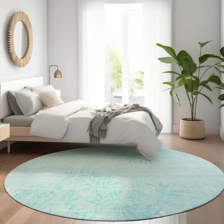 8' Teal Blue Aqua And Ivory Round Floral Washable Indoor Outdoor Area Rug